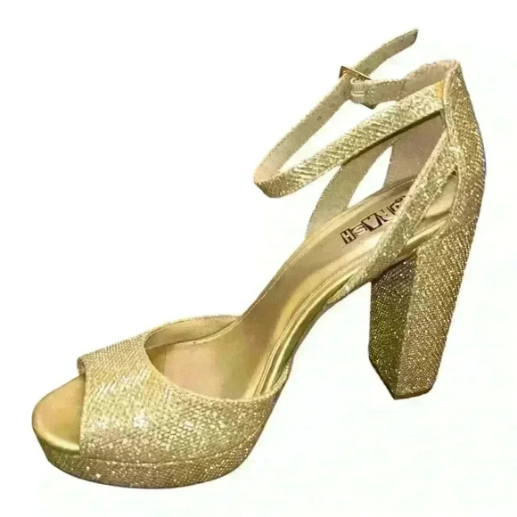 Brash Shoes Womens Sz 8.5 Gold Sparkle 4.5”High Heel Open Toe Strappy Platform - Picture 1 of 7